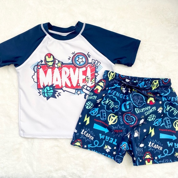 Marvel Toddler Swim Rashguard Set - Blue and White 2T - Picture 1 of 5